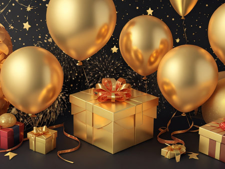 3d render of golden gift box with bow and balloons on black backgroundの素材