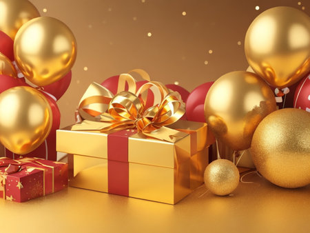 3d render of christmas background with gift box and golden balloonsの素材