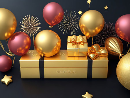 3D render of gold gift box with christmas balls and fireworksの素材