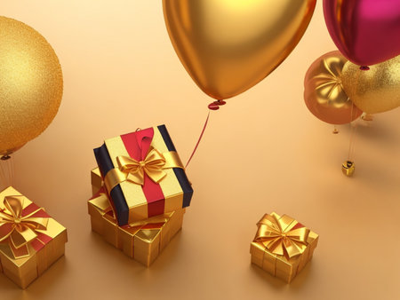 Gift boxes with balloons. 3d render. Holiday concept.の素材