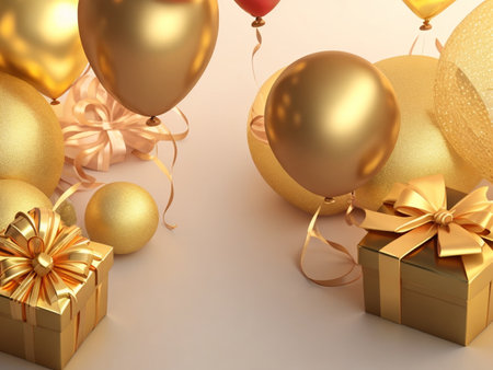 3d render of golden balloons and gift box with ribbon on white backgroundの素材
