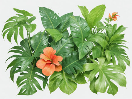 Tropical leaves and hibiscus flowers isolated on white backgroundの素材