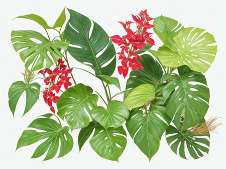 Tropical leaves and red flowers isolated on a white background.の素材