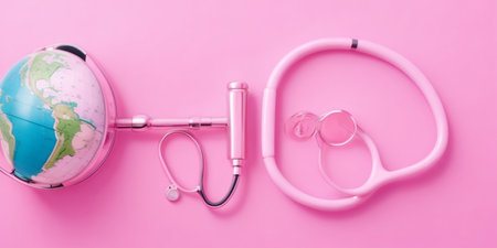 Beautiful Top View of World Health day banner design of a stethoscope and miniature earth on pink backgroundの素材