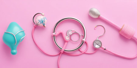 Beautiful Top View of World Health day banner design of a stethoscope and miniature earth on pink backgroundの素材