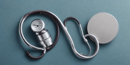 Stethoscope on gray background, top viewの素材