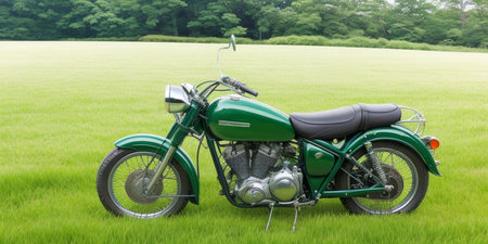 Classic Japanese style motorbike on green fieldの素材