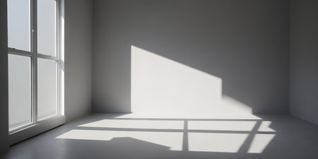 Empty grey room with shadows of windowの素材