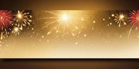 Beautiful holiday web banner or billboard on festive gold background with fireworksの素材