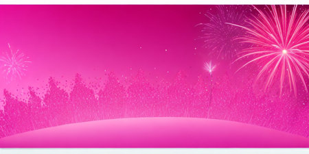 Beautiful holiday web banner or billboard on festive pink background with fireworksの素材