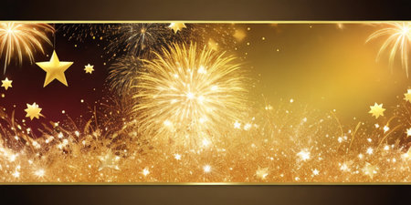 Beautiful holiday web banner or billboard on festive gold background with fireworksの素材