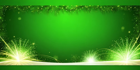Beautiful holiday web banner or billboard on festive green background with fireworksの素材