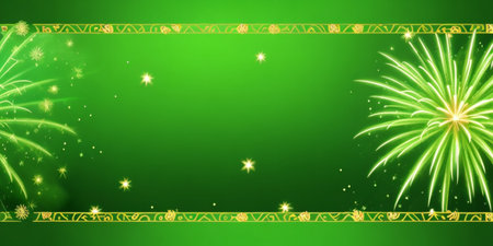 Beautiful holiday web banner or billboard on green background with fireworksの素材