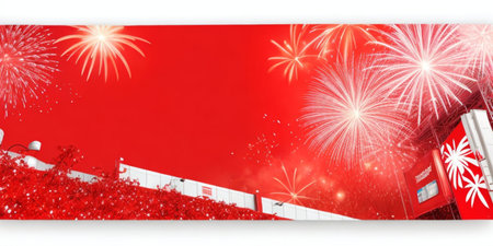Beautiful holiday red and white background with fireworksの素材