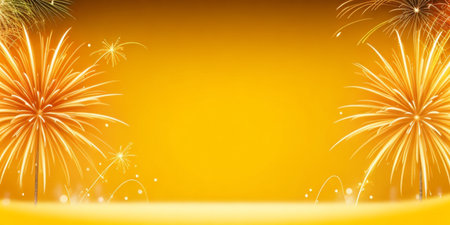 Beautiful holiday web banner or billboard on festive yellow background with fireworksの素材