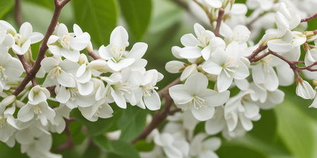 White flowers in close-up on a tree branch, showcasing delicate petals and natural beautyの素材