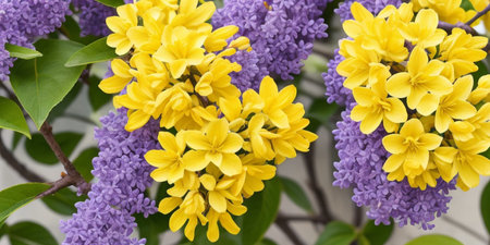A vibrant bush with yellow and purple flowers, adding a burst of color to the surroundingsの素材