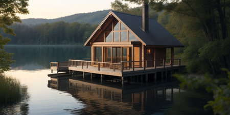 A cozy cabin on a serene lake dockの素材