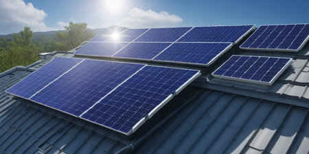 Solar panels on a house roof, harnessing renewable energyの素材