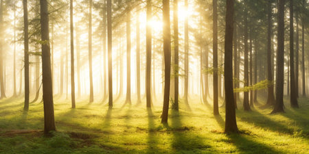 Sunlight filters through dense forestの素材