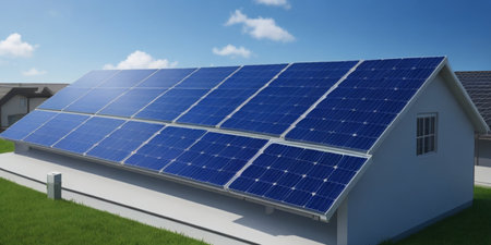 Solar panels on a house in the yardの素材