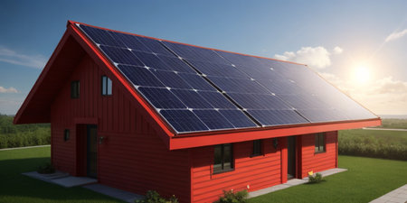 A red house with solar panels on the roofの素材