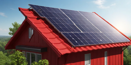 Solar panels on a red houseの素材