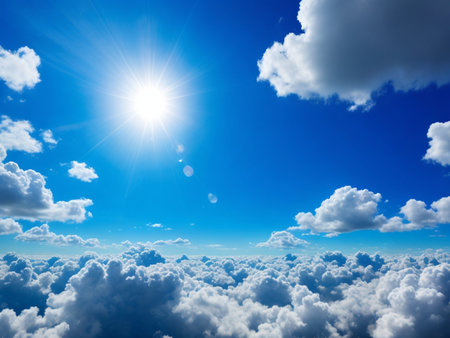 Blue sky with clouds and sun. Nature background. 3d renderの素材