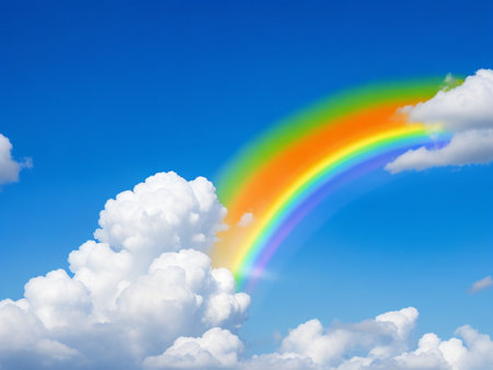 Rainbow in the blue sky with white clouds and rainbow. Nature backgroundの素材