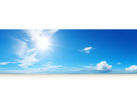 Blue sky with white clouds and sun. Nature background. Vector illustration.の素材