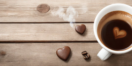 Cup of coffee with heart shaped chocolate candies on wooden tableの素材