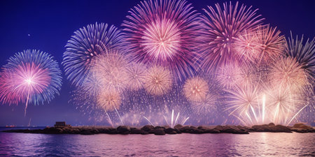 Colorful fireworks of various colors over the sea and night sky backgroundの素材