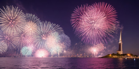 Colorful fireworks of various colors over the sea and cityscape backgroundの素材