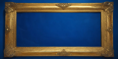 Vintage gold frame on blue wall background. 3d rendering.の素材