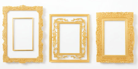Set of gold picture frames isolated on white background. 3d renderingの素材