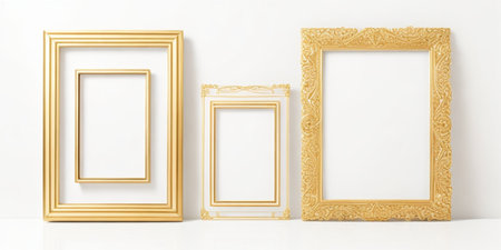 Set of blank golden frames on a white background. 3d renderingの素材