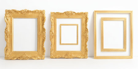 Golden picture frames on white background. 3d rendering, mock upの素材