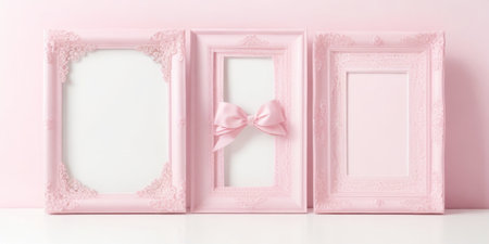 Pink photo frame with pink ribbon on white table and pink wall.の素材