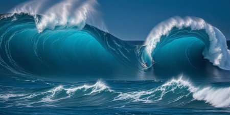 Surfing ocean wave. Blue ocean wave with surfer on the edge.の素材