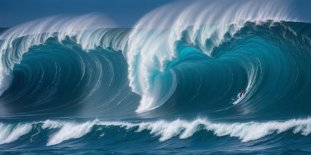 Surfing ocean wave at sunset time, 3D render of a blue ocean waveの素材