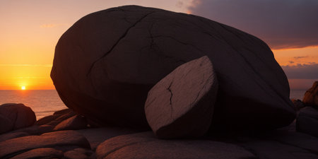 Sunset at the beach with a large stone in the foreground.の素材