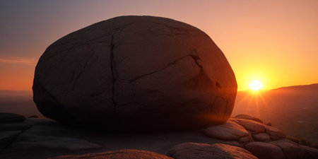 Sunset in the mountains with a large stone in the foreground.の素材