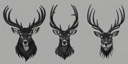 Three deer heads with horns on a gray backgroundの素材