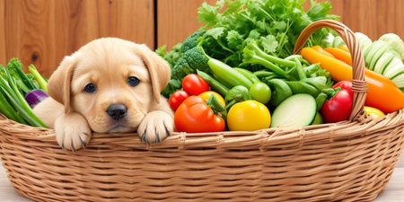 Labrador puppy with a basket of fresh vegetables on a wooden backgroundの素材