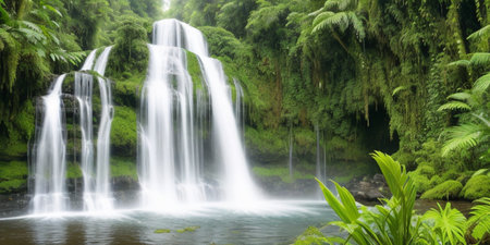 waterfall in the rainforest on a sunny summer day, beautiful photo digital pictureの素材