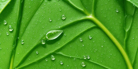 Green leaf with water droplets macro close up. Natural background.の素材