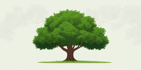 Illustration of a big green tree on a foggy background.の素材