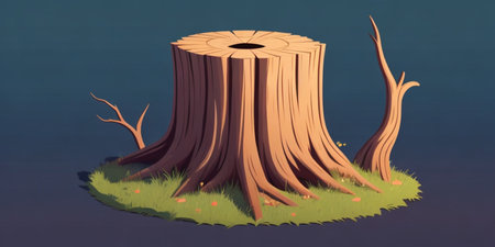 Illustration of a tree stump in the middle of a grassy fieldの素材