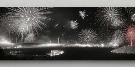 Fireworks in the night sky with a reflection of the city.の素材