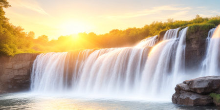 Panoramic view of beautiful waterfall at sunset, Krka National Park, Croatiaの素材